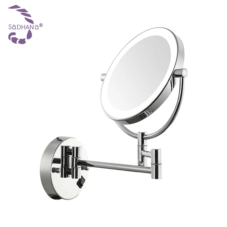 Round Shape Hotel Bathroom Vanity Shower Folding LED Double Sides Magnifying Wall Mounted Toilet Mirror With Light