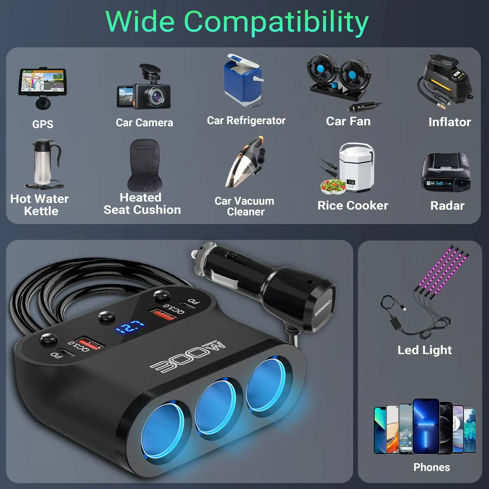 300W 3 Socket Car Charger Extensions 12V Splitter with Dual PD 30W QC 3.0 Fast Charger Car Plug 7 in 1 Cigarette Lighter Adapter