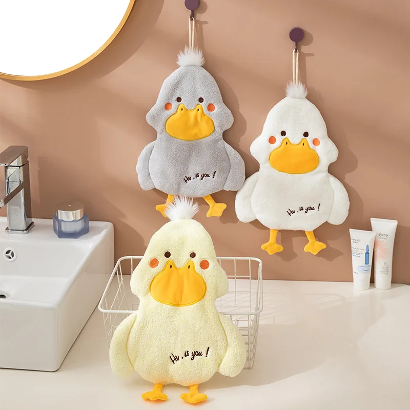 Cute cartoon pattern polyester coral velvet super soft and water absorbent duck hand towel washroom kitchen household hand towe