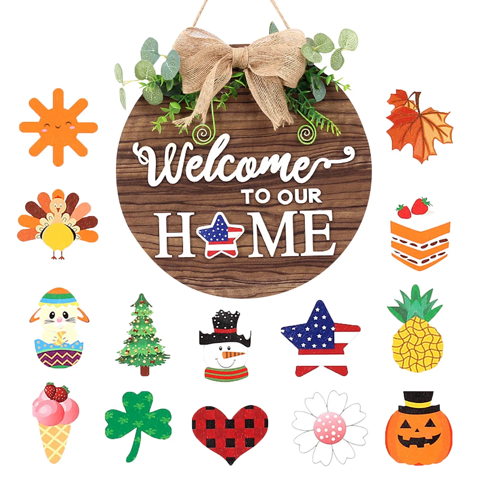 Universal All US Festivals Wooden Sign Board Wreath with Replaceable O Letter Pieces Welcome To Our Home Warm Door Welcome Sign
