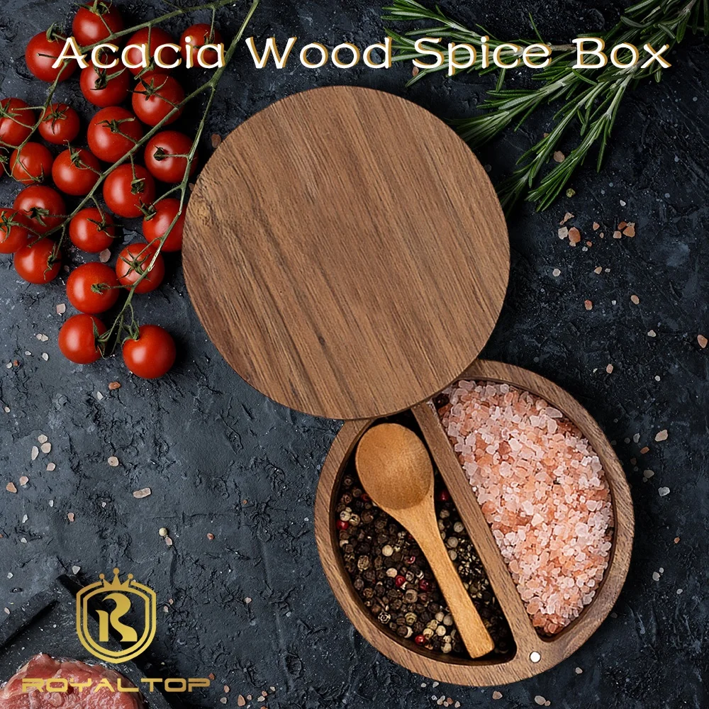 Spice Condiment Holder Wooden Spice Box 2 Compartment Salt and Pepper Cellar Wood Spice Bowls With Lid & Spoon