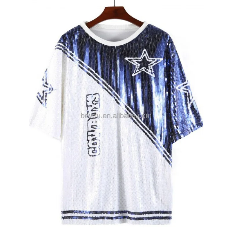 Dallas Cowboy Sequin Top Womens Theme Girls Wear Star COWBOYS Striped Women Sequined T-shirts Jersey Punk Long Tee Mini Dress