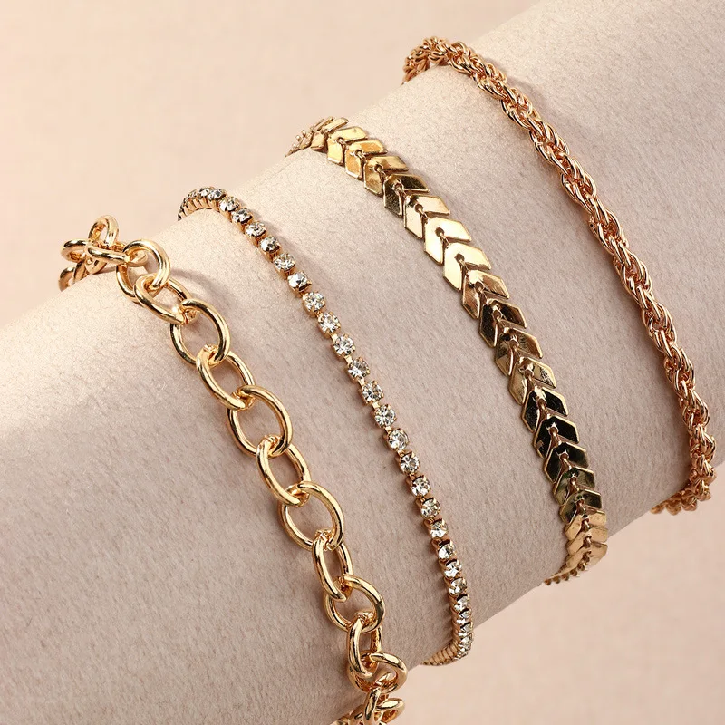  4 Foot Chain Link Fence Alloy Snake 3:1 Figaro Gold Anklet Set