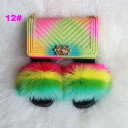 PVC sole faux fur slippers jelly purse fashion women ladies shoe and bag set