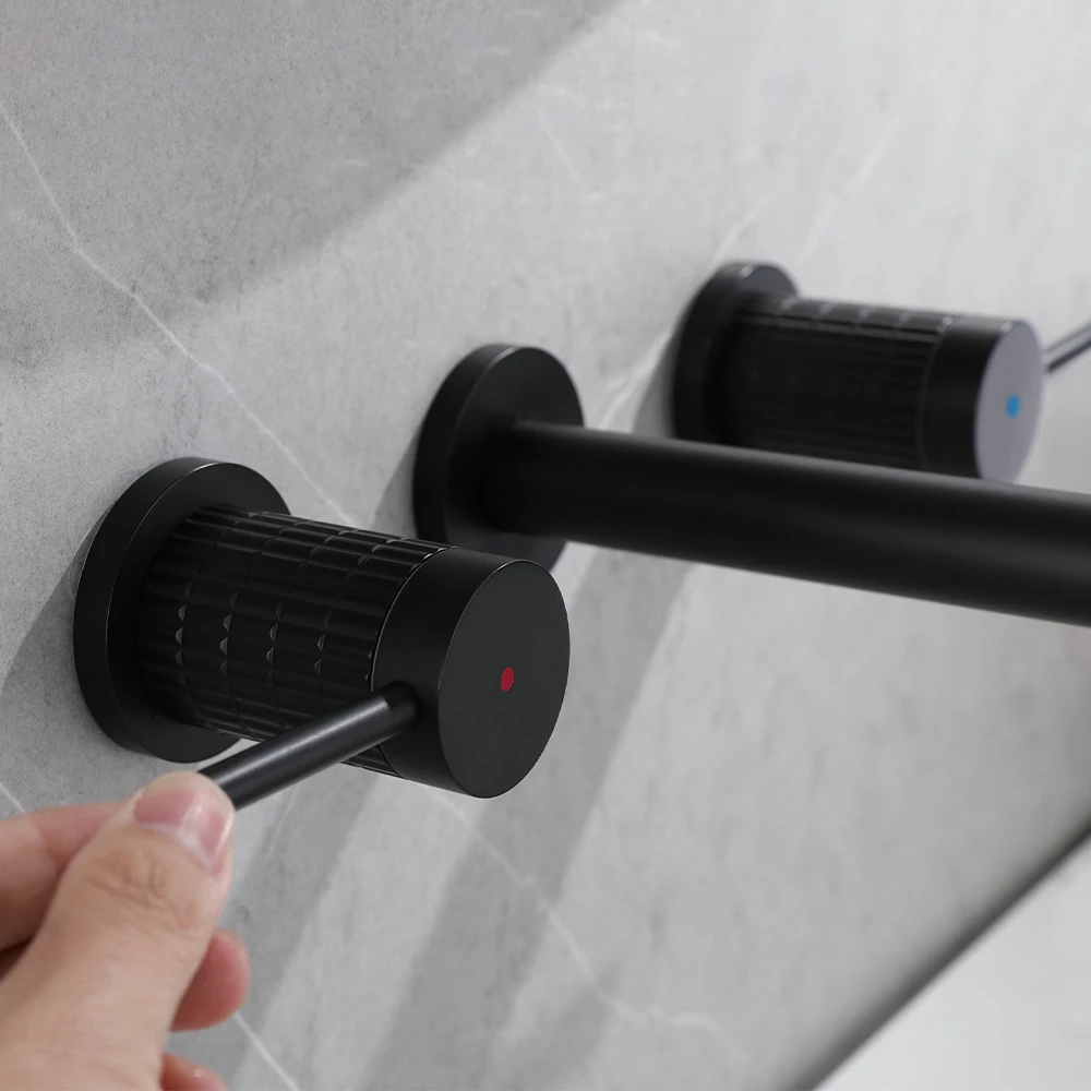 Bathroom In Wall Double Lever Tap Black Basin Mixer Faucet