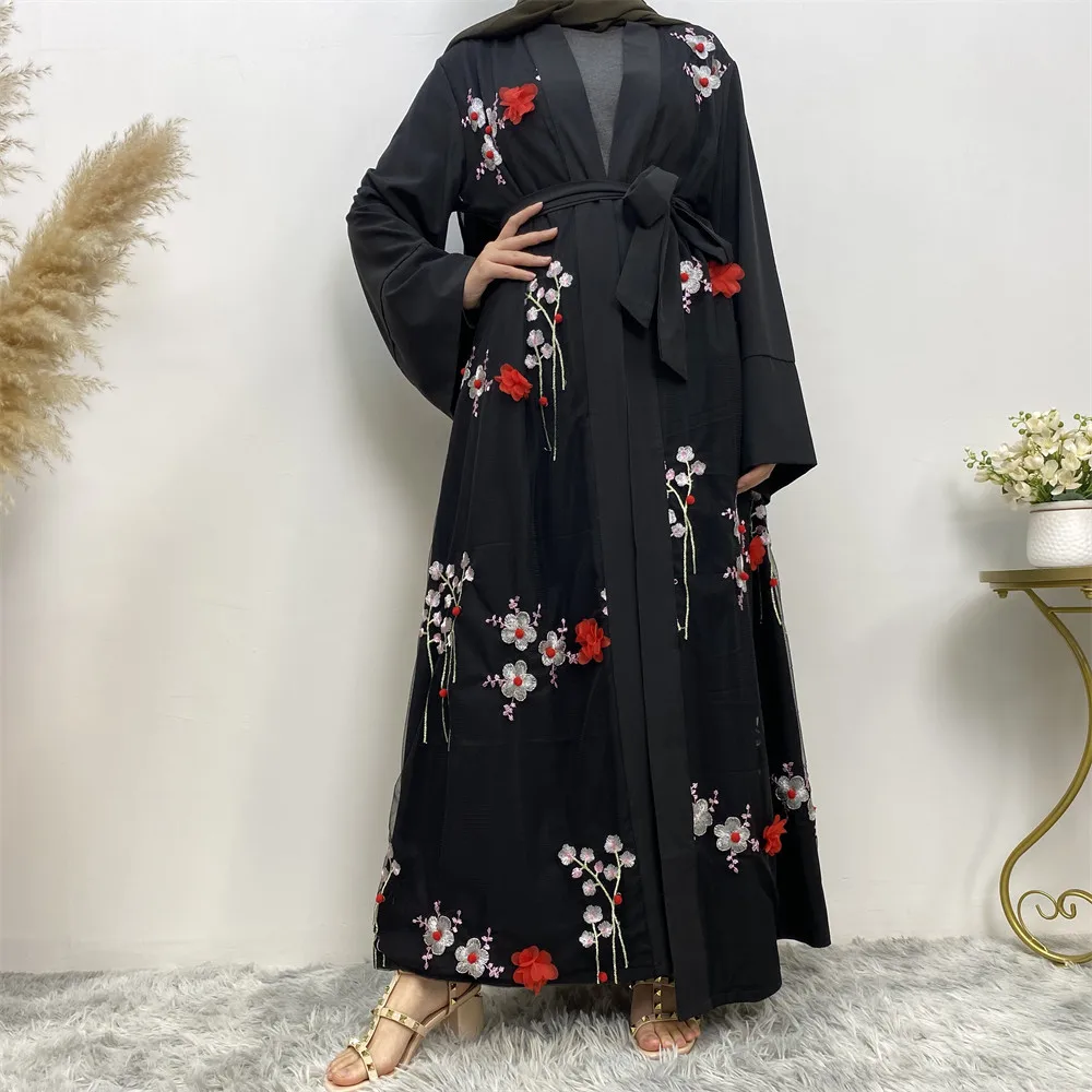 Eid 3D Embroidery Flower Mesh Cardigan Classic Muslim Dress Muslim Dress Women Long Sleeve New Double Chiffon Abaya