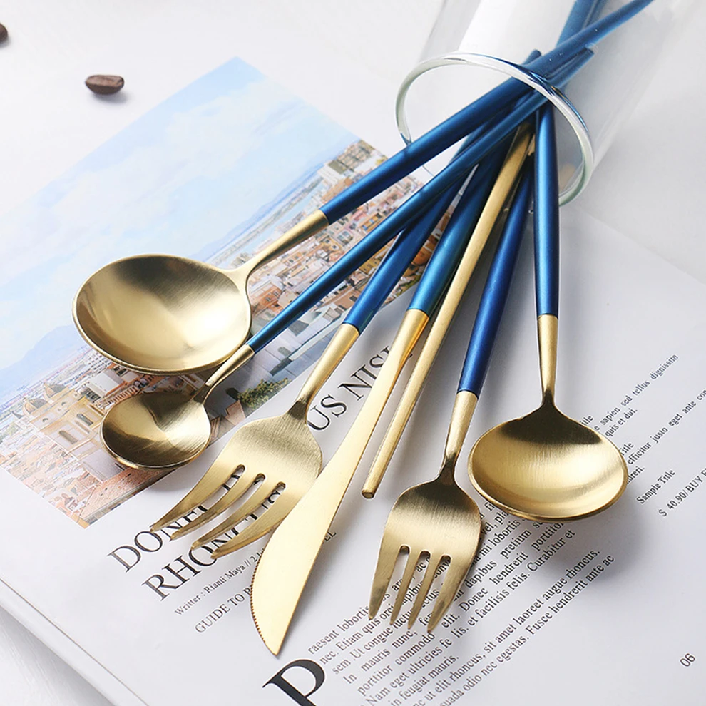 Nordic Blue Painted Round Shape Handle Stainless Steel 304 Matte Cutlery Silverware Flatware Set For Restaurant Hotel Wedding