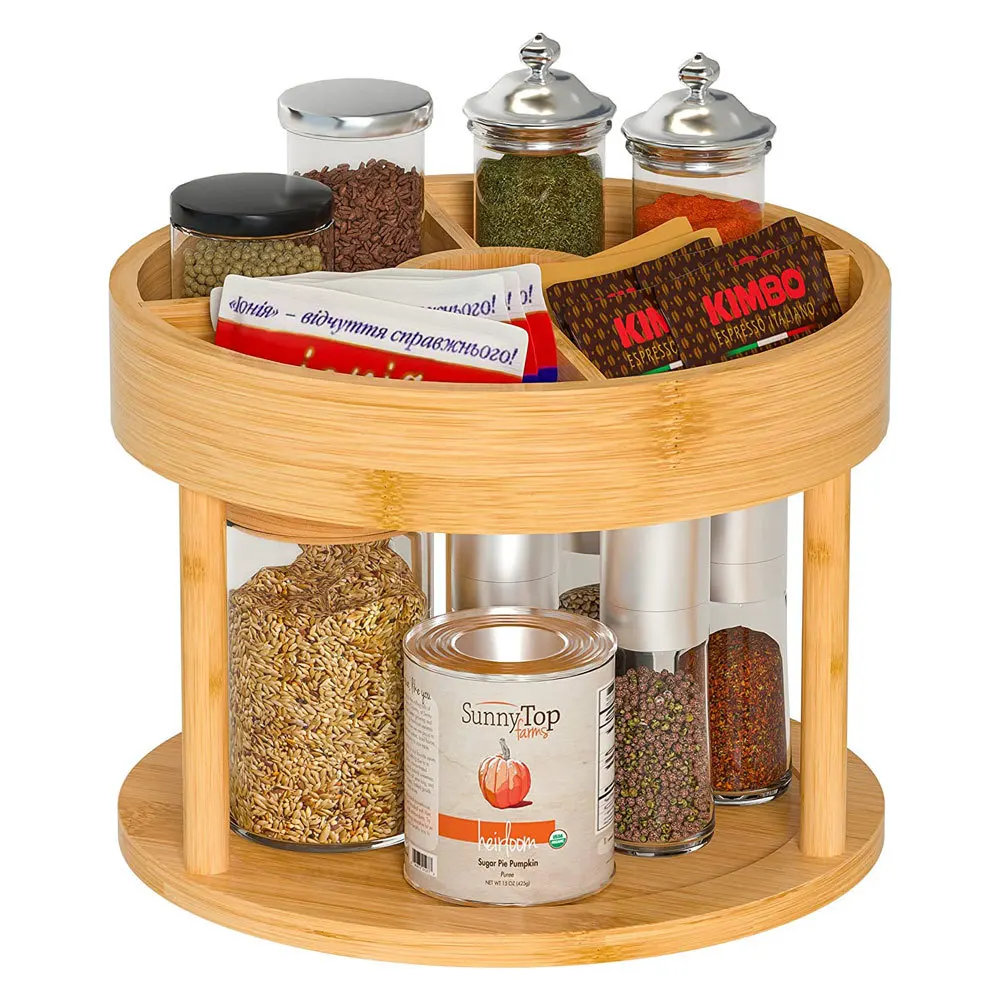 Hot Sale 2 Tier Lazy Susan Divided Organizer Turntable Bamboo 360 Degree Spinning Spice Rack Rotating Tray for Kitchen Storage