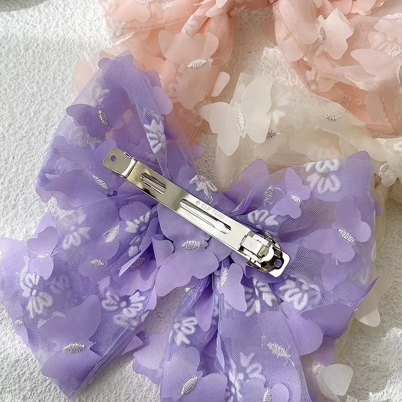 Q&Y Korean INS Spring Summer Girl Solid Color Hairpin Large Double Layer Bow Butterfly Flowers Lace Mesh Barrettes Hair Clip