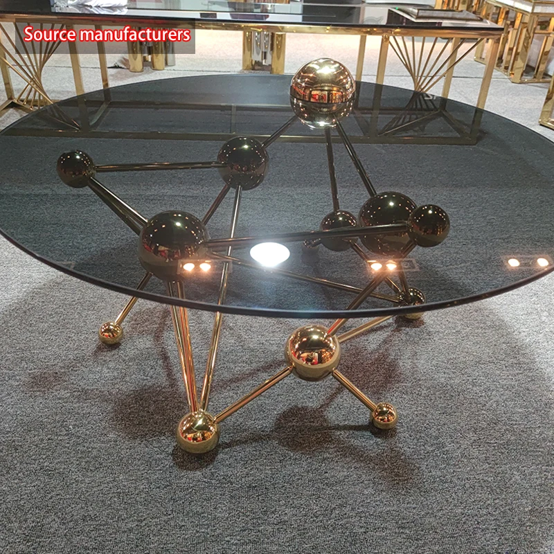 Custom luxury furniture stainless steel metal base black round designer art deco tempered glass gold coffee table modern
