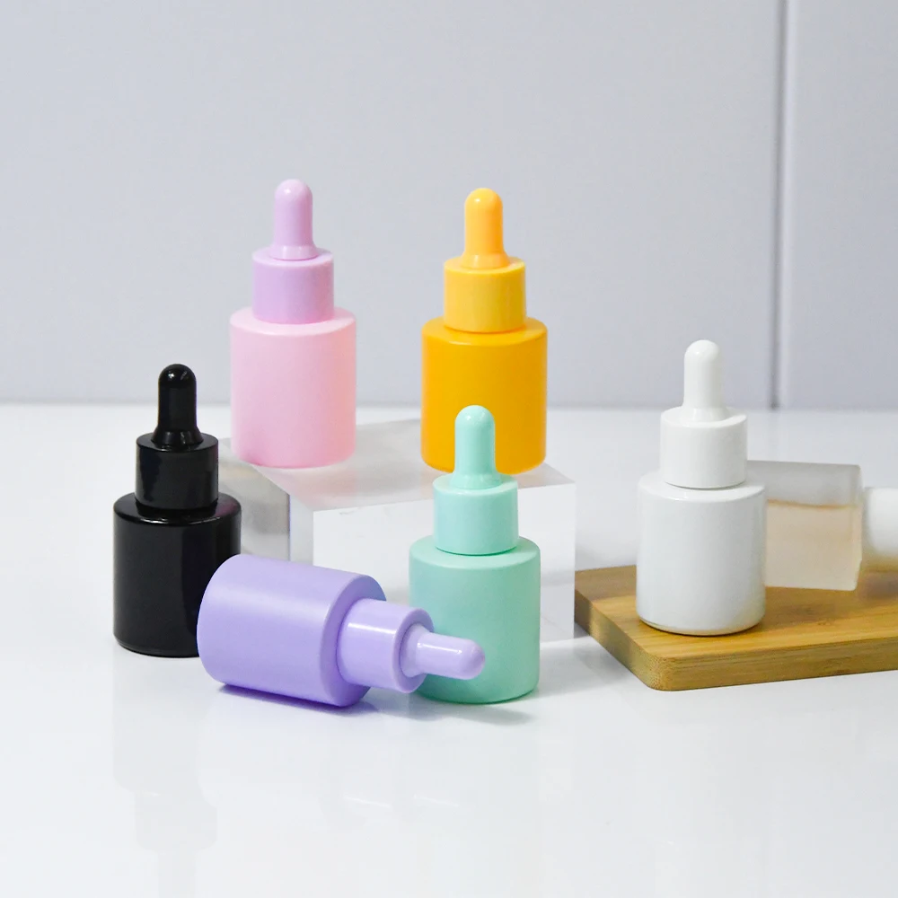 High Quality 20ml Pink White Black Green Purple Yellow Frosted Empty Round Glass Cosmetic Dropper Bottle for Essential Oil