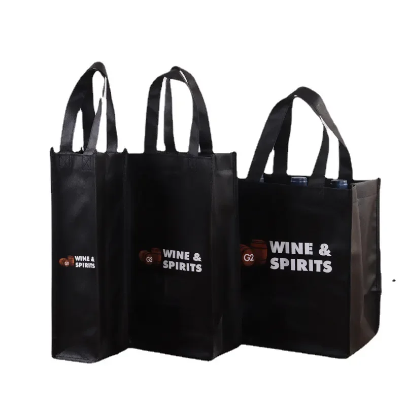 Manufacturer Custom Logo Non-Woven Fabric Wine Bag with Long Handle Reusable Tote Gift Bag for Travel Customizable Pattern