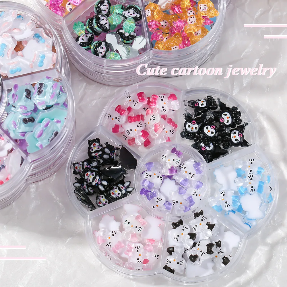 Wholesale 7-grid Mixed Cartoon Nail Charms Decoration Kawaii  Kuromi Cat Head Bear Candy Cute Resin Nail Art Charms