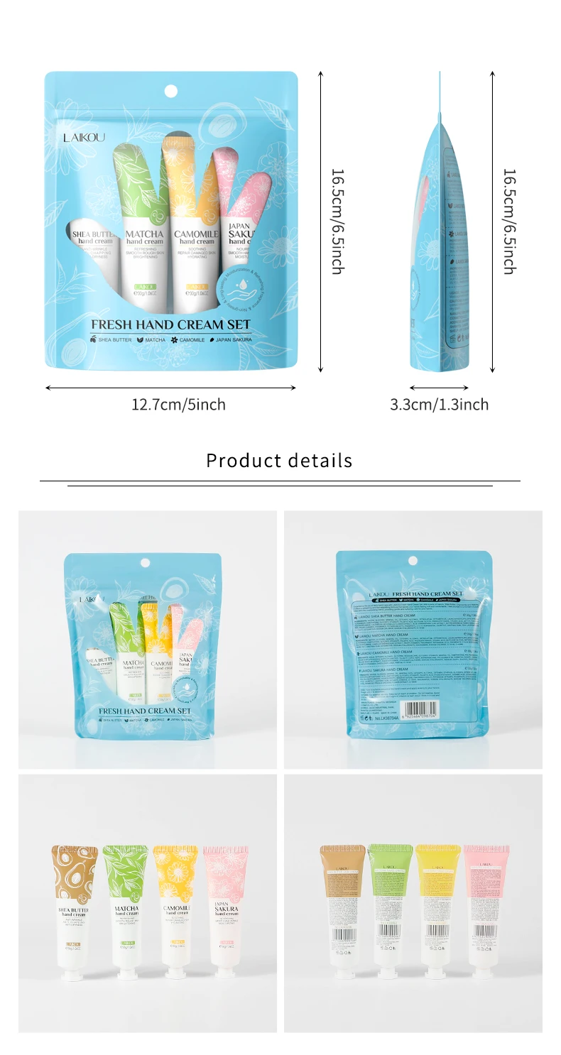 LAIKOU 4PCS Fresh Hand Cream Gift Set Vegan Shea Butter Matcha Camomile Japan Sakura Hand Cream