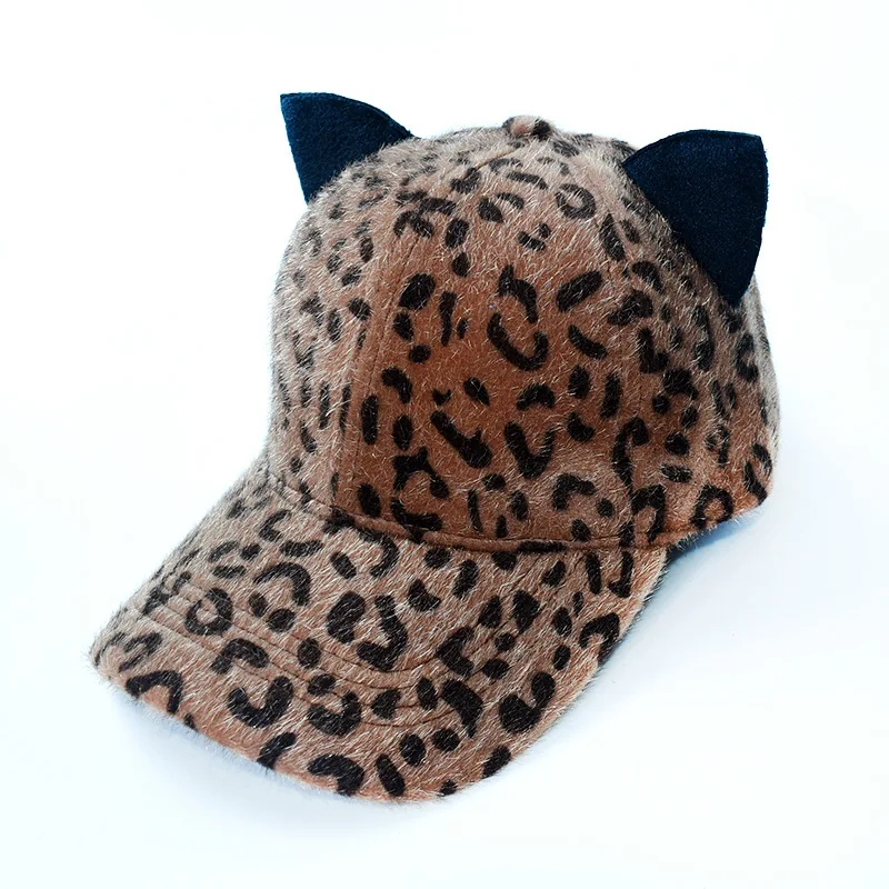 wholesale  Ladies Women Adjustable Unique 6 Panel Custom Leopard Baseball Cap With Cat Ears