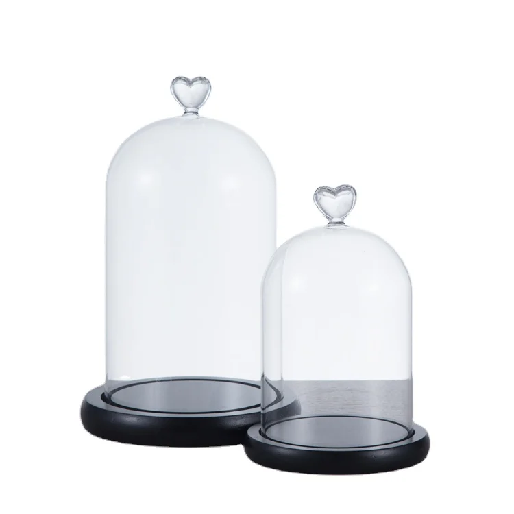 Heat Resistant Borosilicate Glass Clear Dust Proof Glass Bell Jar Cloche Glass Dome with Cute Heart Handle and Wood Base