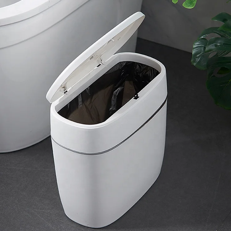 White Modern Waste Basket Plastic Trash Can Garbage Can with Press Top Lid  for Bathroom Living Room Office and Kitchen