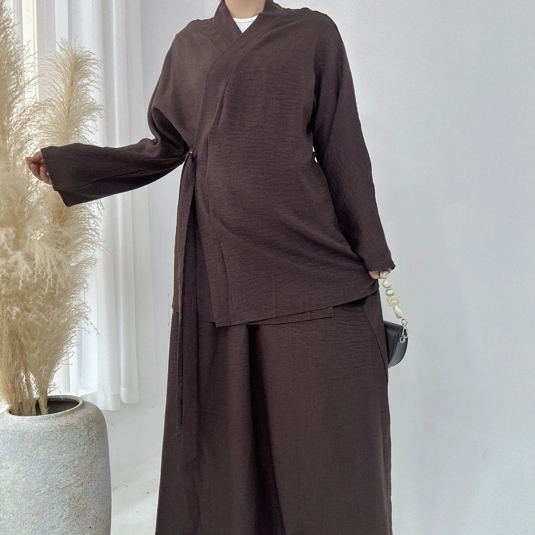 Zifeng OEM Vetements Islamiques Femmes Eid Elegant Shiny Satin Solid Color Casual Lace-Up Top And Skirt Suit Dress