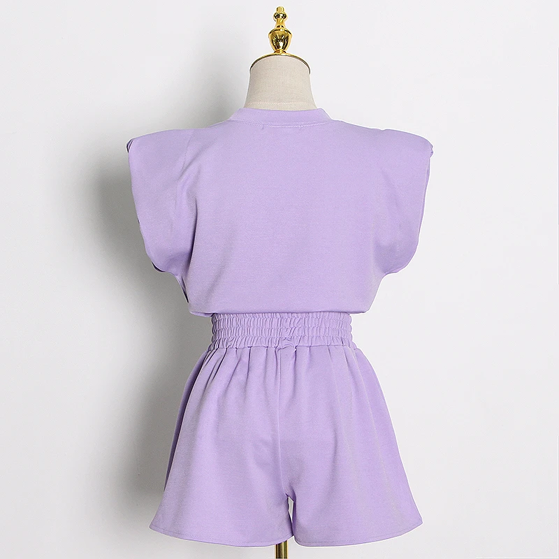 CHICEVER Элегантный женский комплект из двух предметов футболка без рукавов с круглым вырезом топ с высокой талией облегающие шорты Повседневный костюм модная одежда