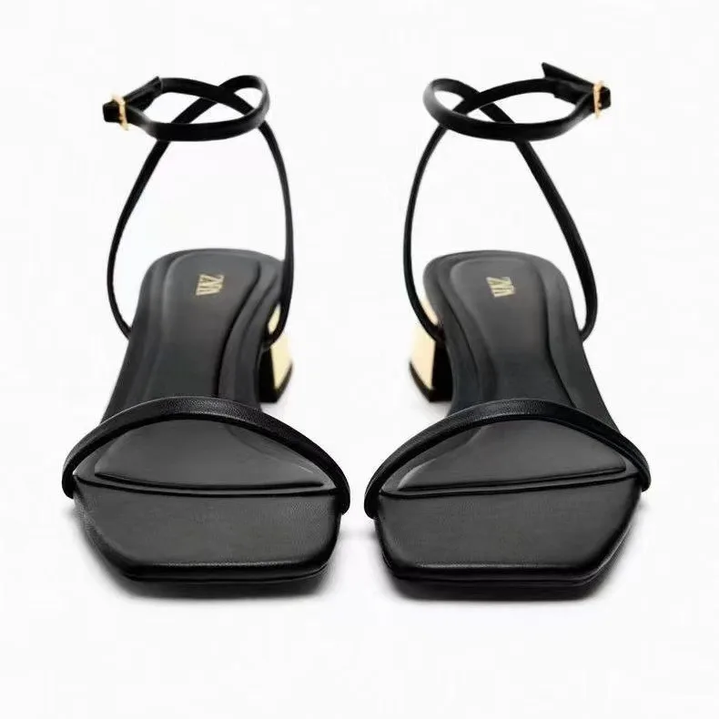 H158-585 ZA Wholesale New square toe women black shoes block low heels open Toe buckle strap pumps