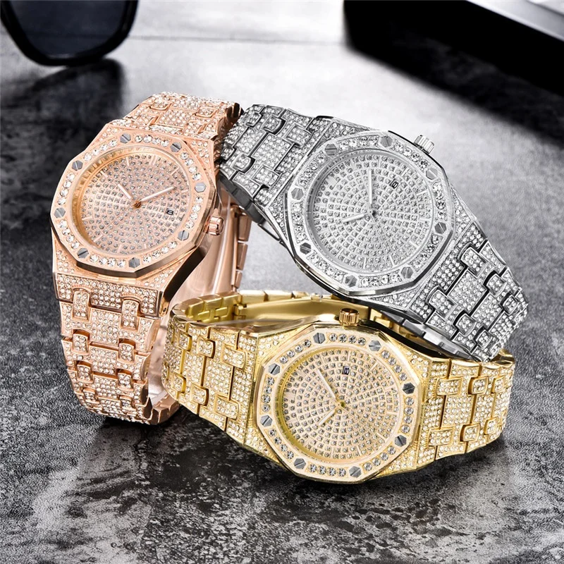 Hiphop Men Watch Fully Rhinestone Diamond Gold Pink Silver Wrist Luxury Bling Iced Out Watches