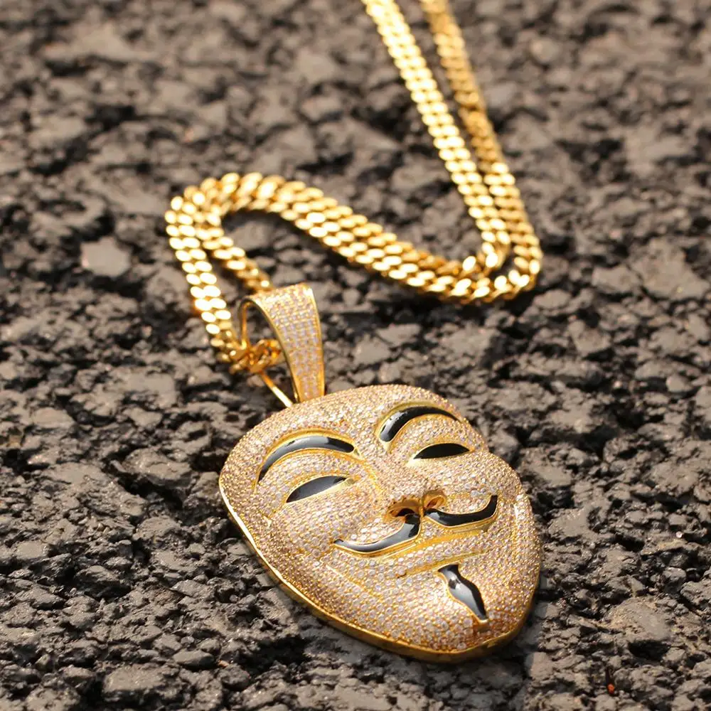 New Arrival HipHop V for Vendetta Iced Out Mask Pendant Necklace For Men