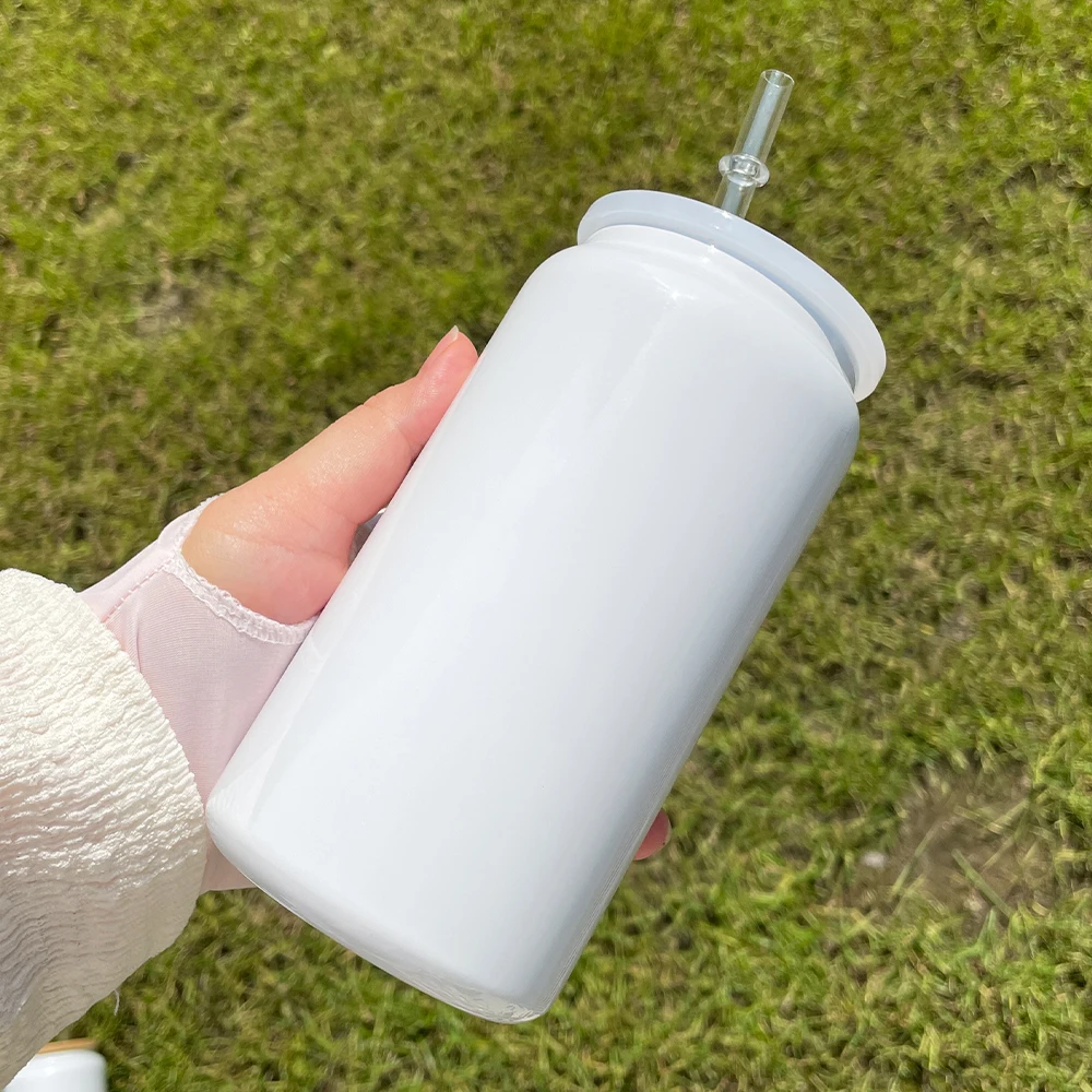 US warehouse 16oz stainless steel can tumbler white sublimation 16oz Metal Beer Can Tumbler with pp plastic lids and bamboo lids