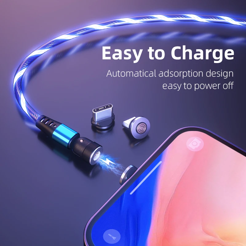 
Outdoor Party LED Dressing Up Phone Accessories 540 Degree Rotate Magnetic USB Cable LED Flowing Light USB Data Cable 