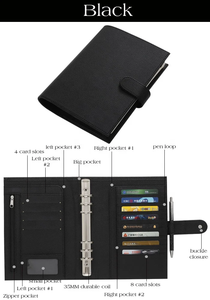 Hongbo Etsy Ins TK Best Selling A5 Pebble Leather 6-Rings Money Budget Binder Organizer With Fly Leaf & Clear Bags Available