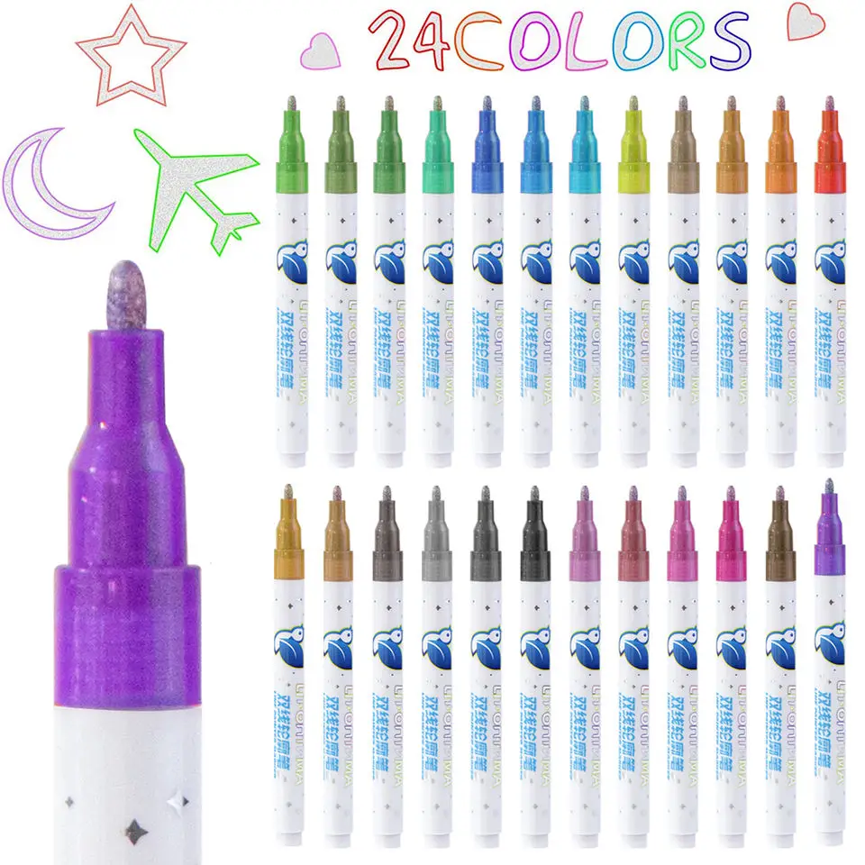 Graffiti Painting Double-Line Silver Contour Pens Double Line Outline Markers Pen for Gift Card Writing Drawing