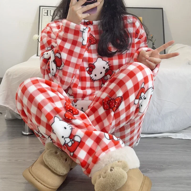 Kawaii Sanrios KT Coral Velvet Pajamas Girl Cartoon Autumn / Winter Season Warm Thickened Plush Home Clothes Set Gift