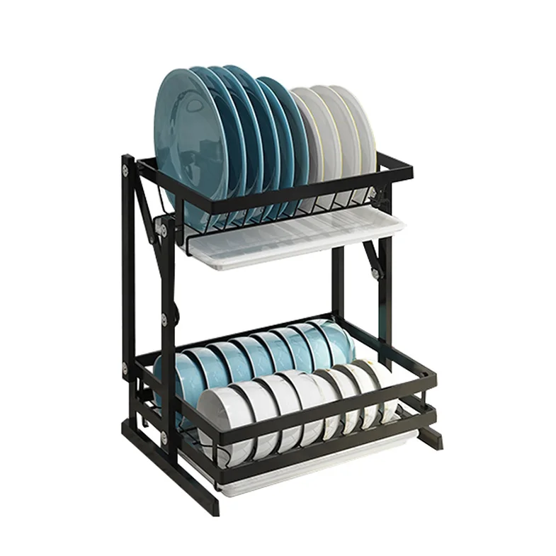 Double layer stainless steel black folding plate drying drain rack kitchenware storage rack for kitchen