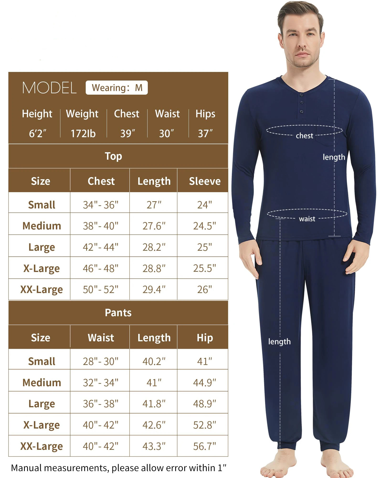 Cotton Mens Pajamas Set Long Sleeve Henley Sleepwear Top Soft Jogger Pants Pajamas Cool Pj Set Bamboo Loungewear Set