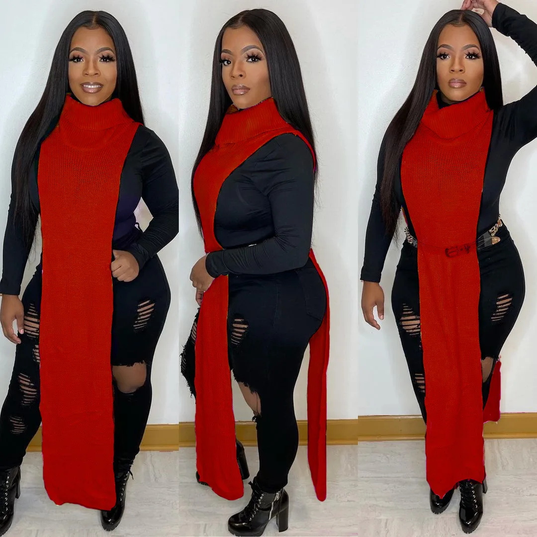 Solid Color Sweater Knit Boutique Clothing Dresses Sleeveless Turtleneck Shirt Top Nigh Club Shape Wear Split Sexy Dress Women