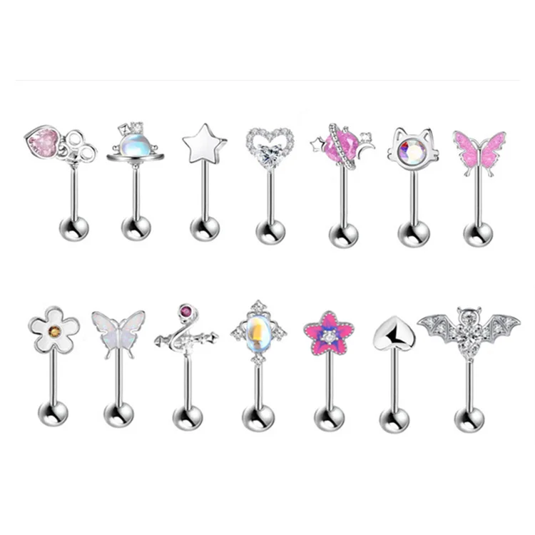 NUORO New Design Stainless Steel Cartilage Straight Earrings Barbell CZ Flower Butterfly Straight Rod Ear Piercing