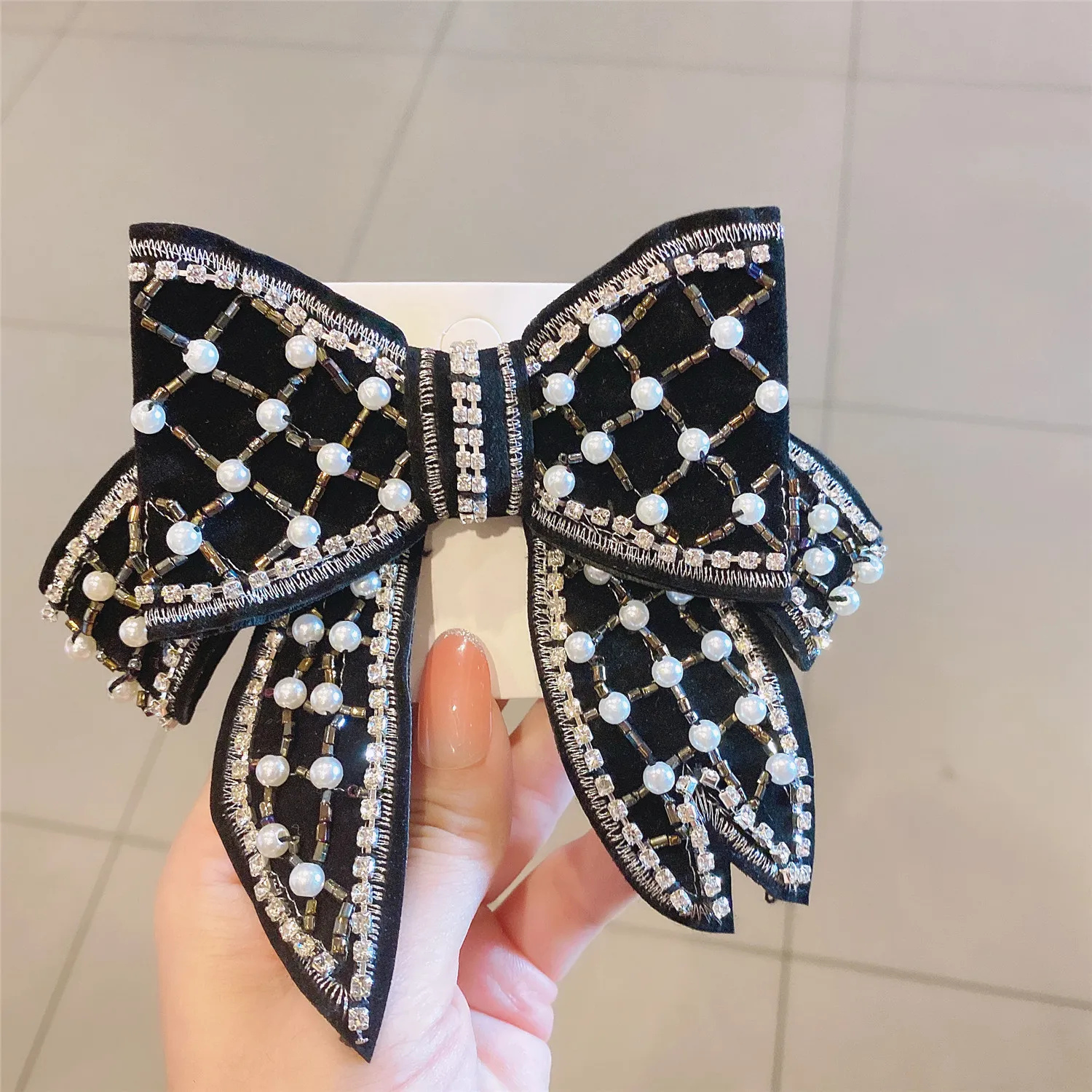 Korean Style Girls Headwear Handmade Luxury Rhinestone Crystal Beads Black Big Bow Barrette Hair Clip Hairgrip Hair Accessories