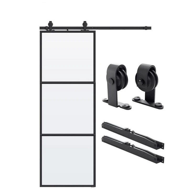 Antique Style Black Classic Carbon Steel Double Barn Door Sliding Door Hardware Mechanism for Glass Door