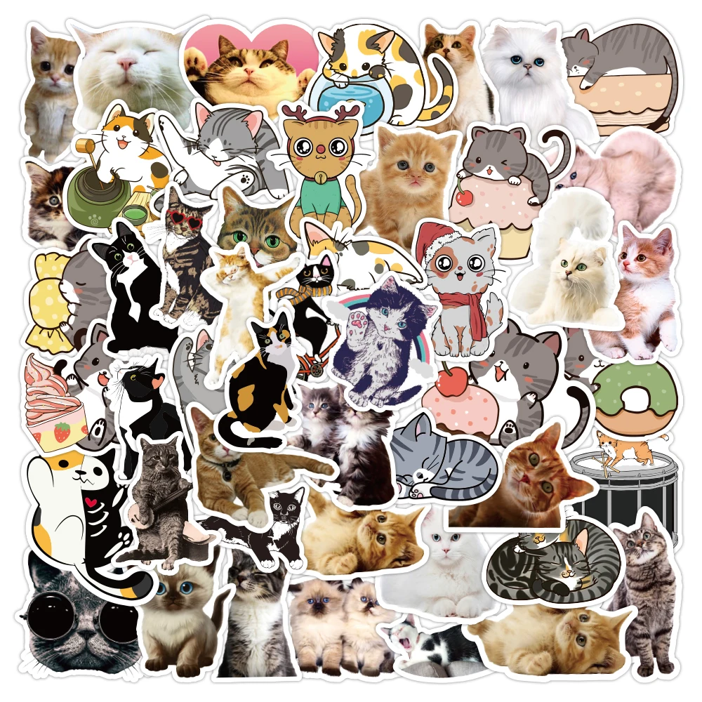 50pcs Waterproof Cute Cartoon Cat Sticker Custom PVC Car Motorcycle Bicycle Luggage Decorative Animal Kitty Stickers for DIY kid