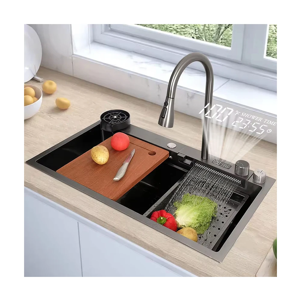 European 304 Stainless Steel Nano Sink combo with Multifunctional Digital Display Pull-Out Faucet,Add Glass Rinser