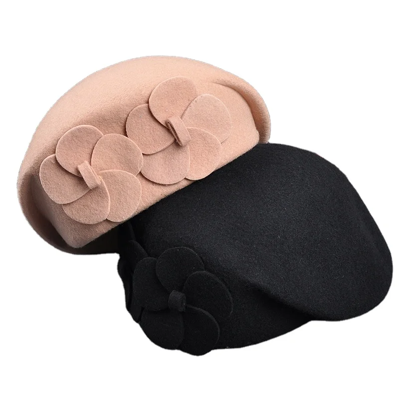 Wool Flat Head Hat With Flower Design Beret  Hats For Lady