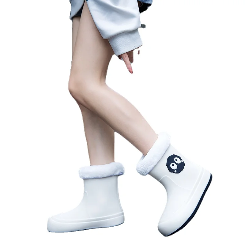 Cute cartoon rain boots for women woolen cotton non-slip waterproof shoes thermal rain boots short tube outdoor rubber boots