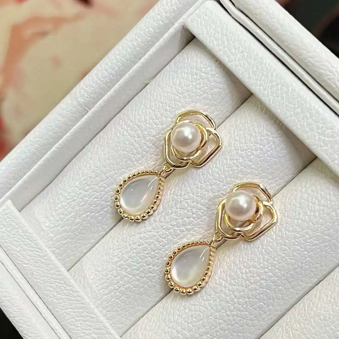 New Camellia Flower Water Ear Drops 6-7MM Natural High Quality Freshwater Pearl Chinese Classical Pendant Earrings