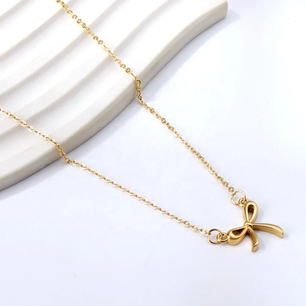 Non Tarnish Waterproof Trend Korean Jewelry Plated 18K Gold Necklaces Fine Stainless Steel Bow Necklace