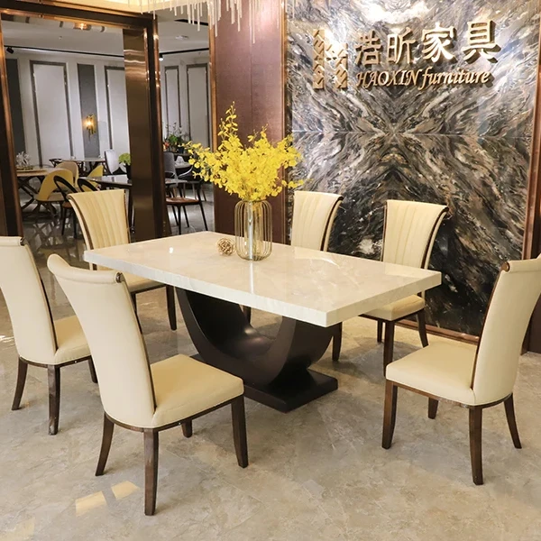 Elegant Modern Furniture 4 6 8 Pu Leather Dining Chair Seating Solid Wood Frame Rectangle Marble Top Table Dining Set 6 Chairs
