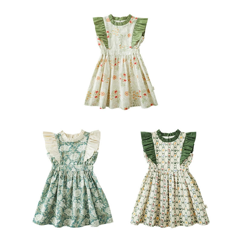 YOEHYAUL Factory Cheap Sleeveless Dress Child Wholesale Price Cotton Green Floral Little Girls Dresses New
