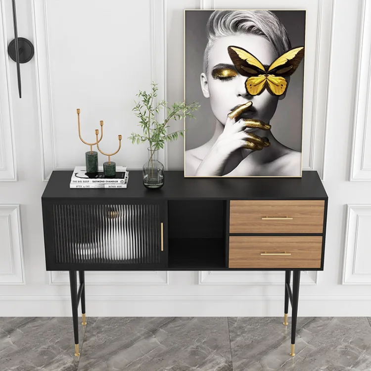 Living Room Furniture Tv Console Table Modern Storage Cabinet Metallic Sideboard With Ribbed Glass