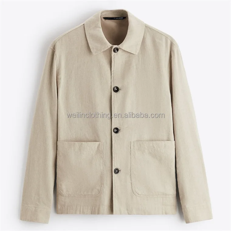 Custom two patch pockets cargo overshirt cotton long sleeve flax linen shirt for men