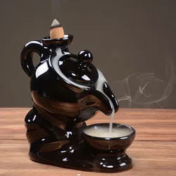 Hot sale ceramic fresh air coffee pot backflow burner, black teapot incense waterfall burner holder wholesale