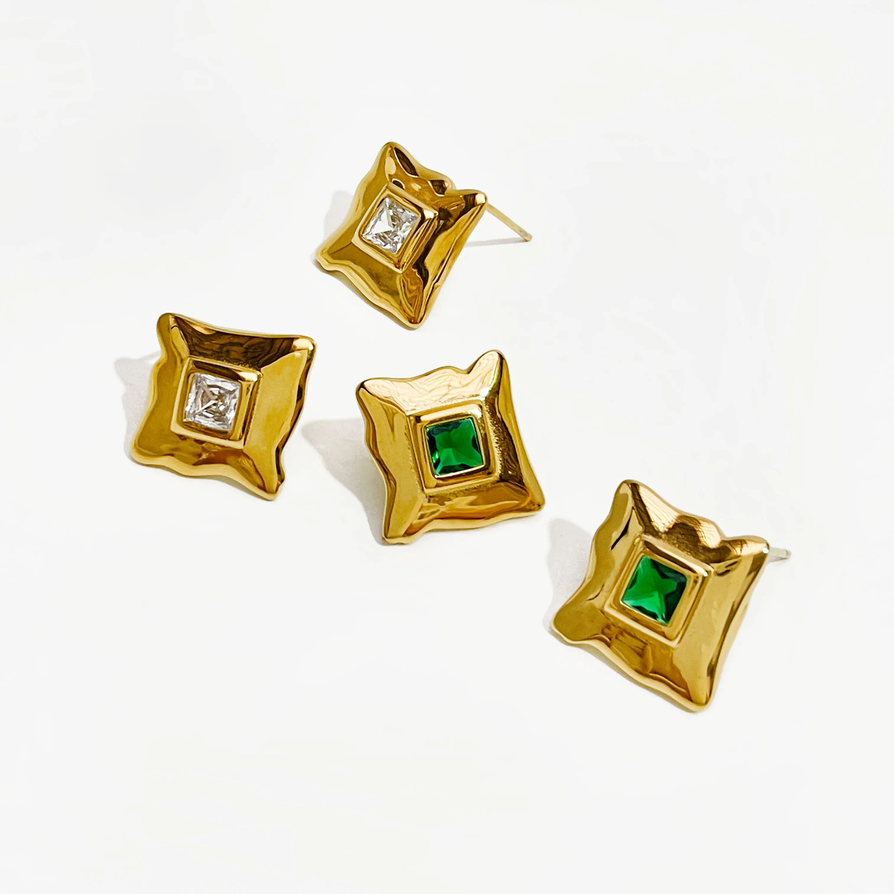Irregular Gold Silver Square Clear Green Cubic Zircon Stud Earrings Women Stainless Steel CZ Stone Waterproof Earring Jewellery