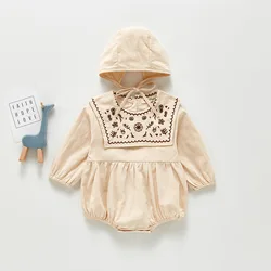 fashion Plain Embroidery Cute Sweet Style Soft Cotton Long Sleeve Baby Girls Romper Toddler Clothes With Hats